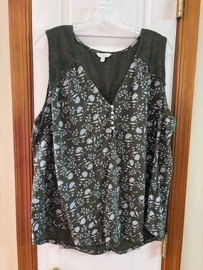 Lucky Brand Olive Green Floral V-Neck Tank 1X